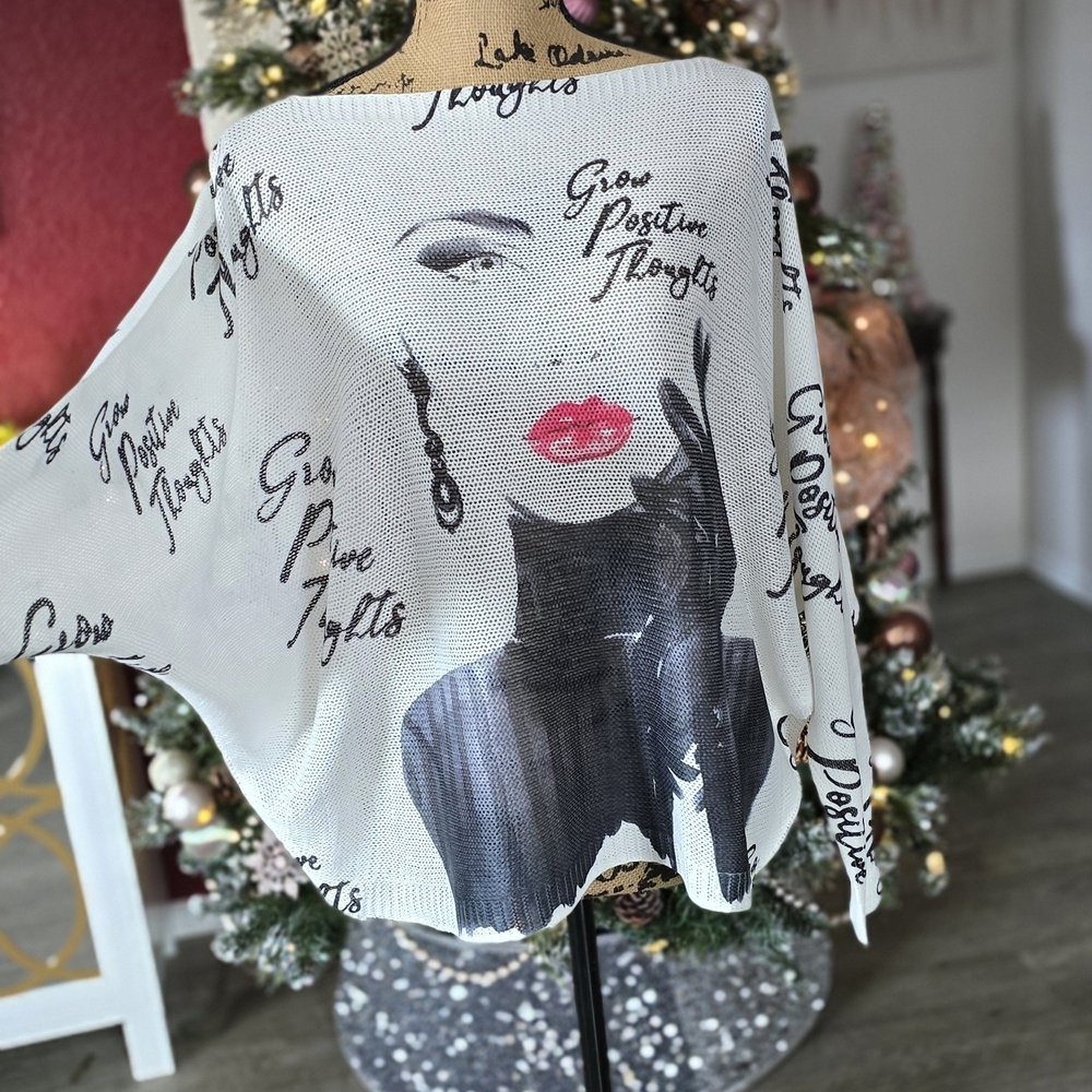 Women's Itailian GrowPositive Thoughts Graphic Batwing Sweater - White and Black - Picture 2 of 4